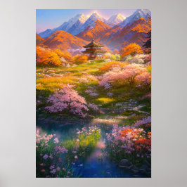 Kleiner Tempel inmitten blühender Natur Poster
