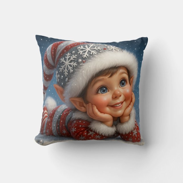 Kleiner Weihnachts-Elf im Glitzer-Schnee Kissen (Vorderseite)