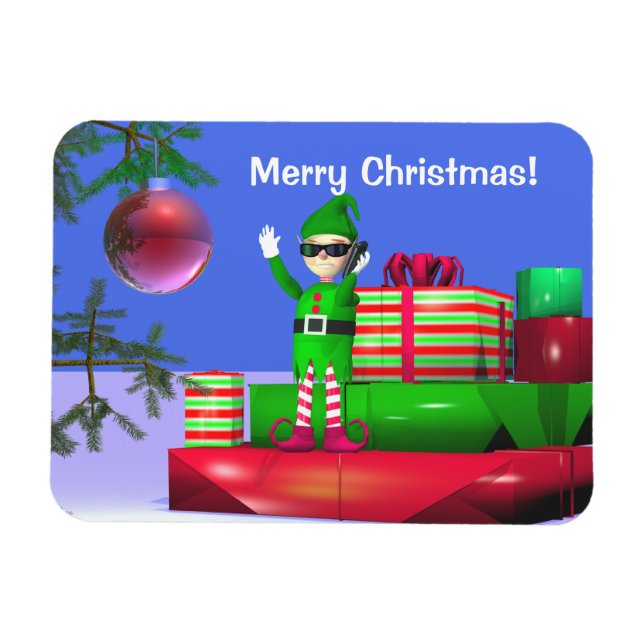Kleiner Weihnachtself Stehend auf Geschenke Magnet (Horizontal)