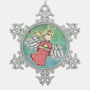Kleiner Weihnachtsengel und Stern Schneeflocken Zinn-Ornament