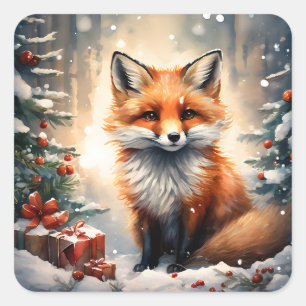 Kleiner Weihnachtsfox Quadratischer Aufkleber