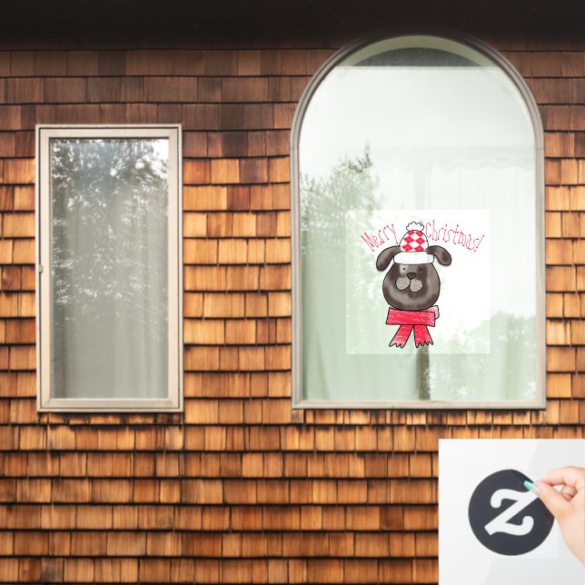 Kleiner Weihnachtshund mit Strickmütze und Schal Fensteraufkleber (Fenster Zuhause)