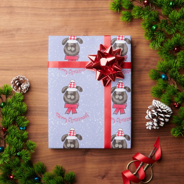 Kleiner Weihnachtshund mit Strickmütze und Schal Geschenkpapier (Feiertagsgeschenk)