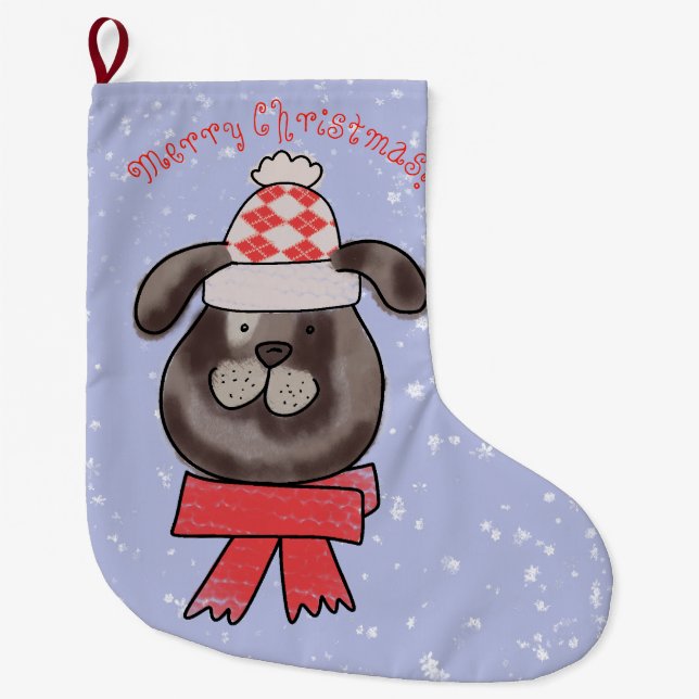 Kleiner Weihnachtshund mit Strickmütze und Schal Großer Weihnachtsstrumpf (Vorderseite)