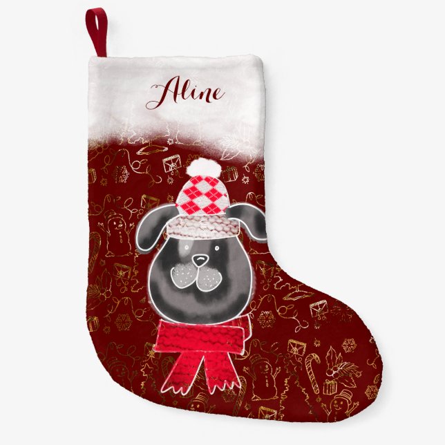 Kleiner Weihnachtshund mit Strickmütze und Schal Kleiner Weihnachtsstrumpf (Vorderseite)
