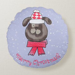Kleiner Weihnachtshund mit Strickmütze und Schal Rundes Kissen