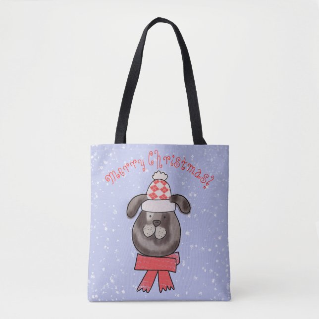 Kleiner Weihnachtshund mit Strickmütze und Schal Tasche (Vorderseite)