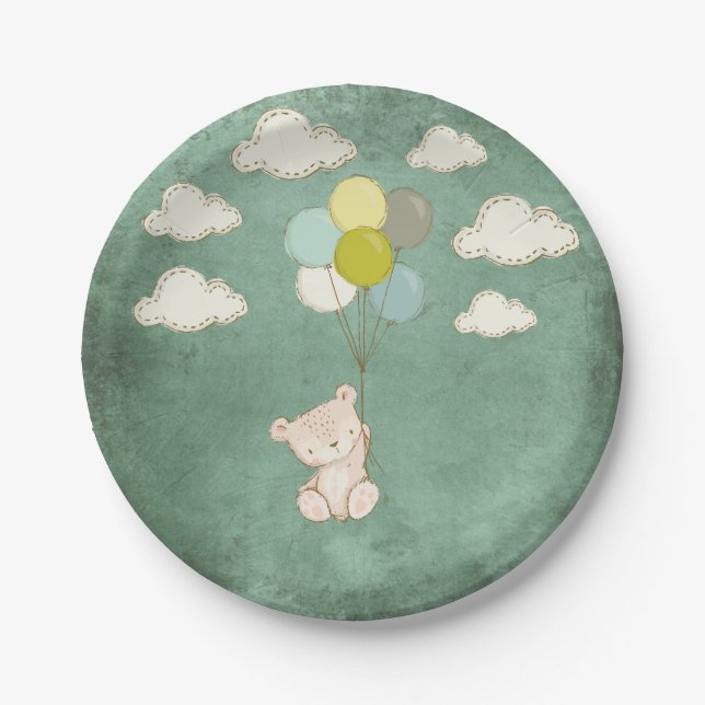 Kleiner weißer Bär mit Balloons und Wolken Pappteller (Vorderseite)