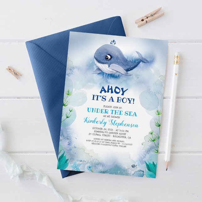 Kleiner Whale Nautical unter der Sea Baby Dusche Einladung (Ahoy It's A Boy Cute Little Whale Navy Blue Nautical Baby Shower Invitations)