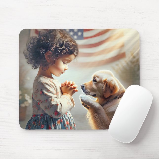 Kleines amerikanisches Mädchen mit Hundbeten Mousepad (Mit Mouse)