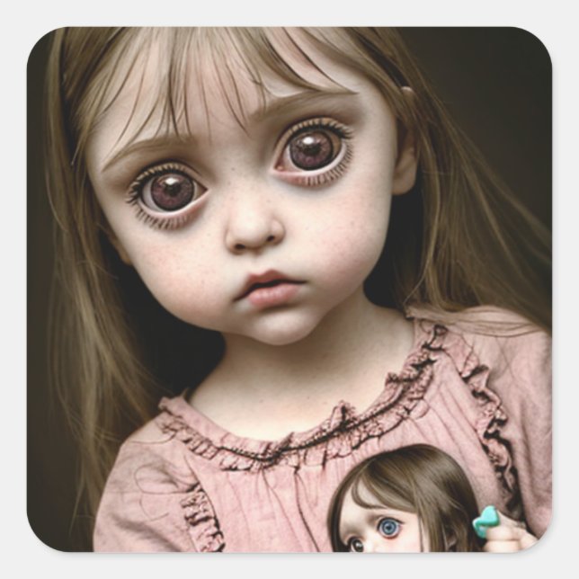 Kleines ängstliches Mädchen mit Creepy Doll Eerie Quadratischer Aufkleber (Vorderseite)