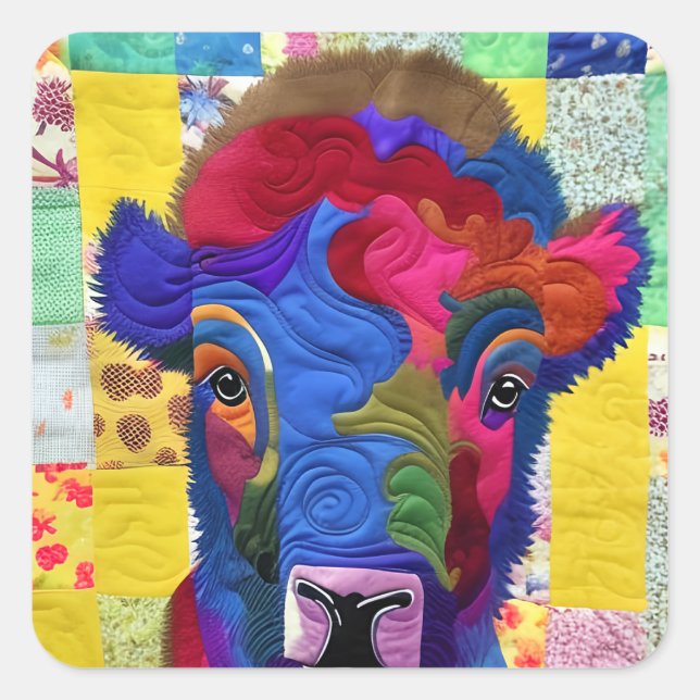 Kleines Baby Bison quilt wie Design Quadratischer Aufkleber (Vorderseite)