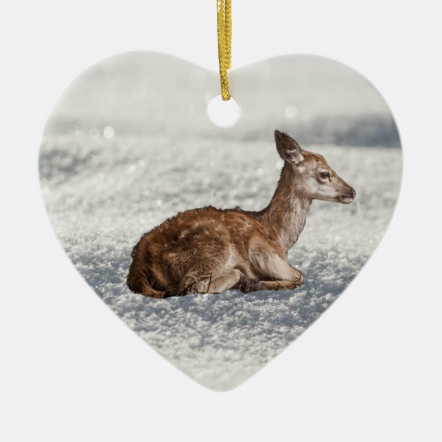 Kleines Baby-Hirsch in Schnee Keramik Baum Dekorat Ornament (Vorne)