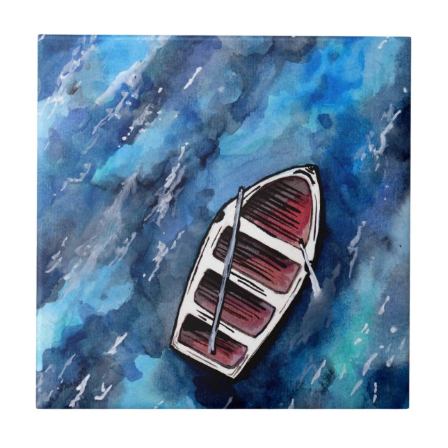 Kleines Boot auf dem Ozean Fliese (Vorderseite)