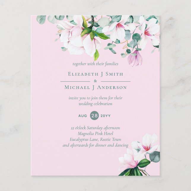 KLEINES BUDGET Rosa Magnolias Sage Eukalyptus Wedd Flyer (Vorne)