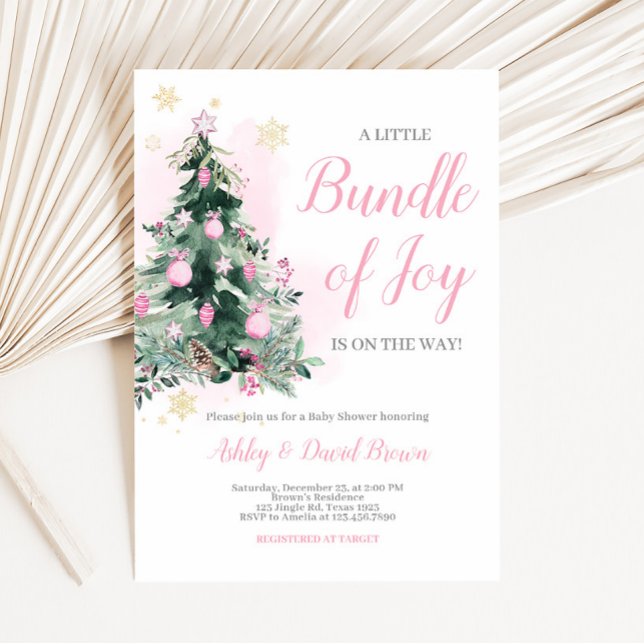 Kleines Bündel von Joy Christmas Baby Shower Einladung (Pink Christmas Tree Baby Shower Invitation)
