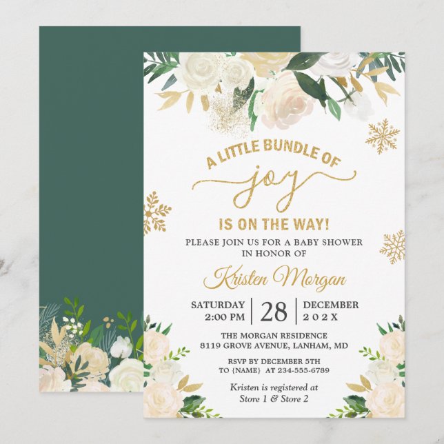 Kleines Bündel von Joy Gold Floral Baby Dusche Einladung (Vorne/Hinten)