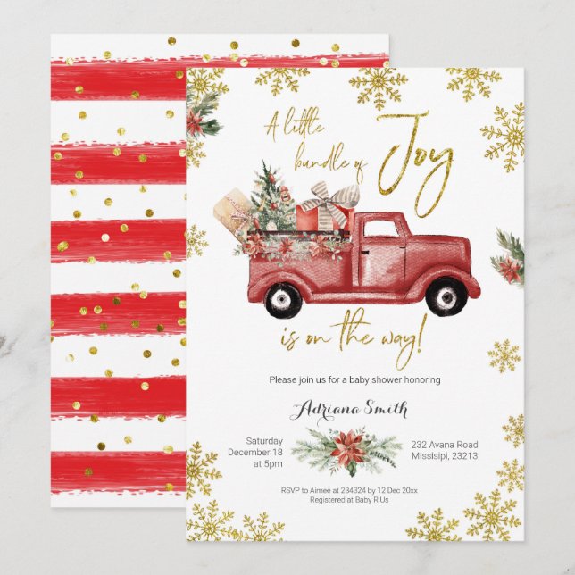 Kleines Bündel von Joy Red Truck Baby Shower Invit Einladung (Vorne/Hinten)