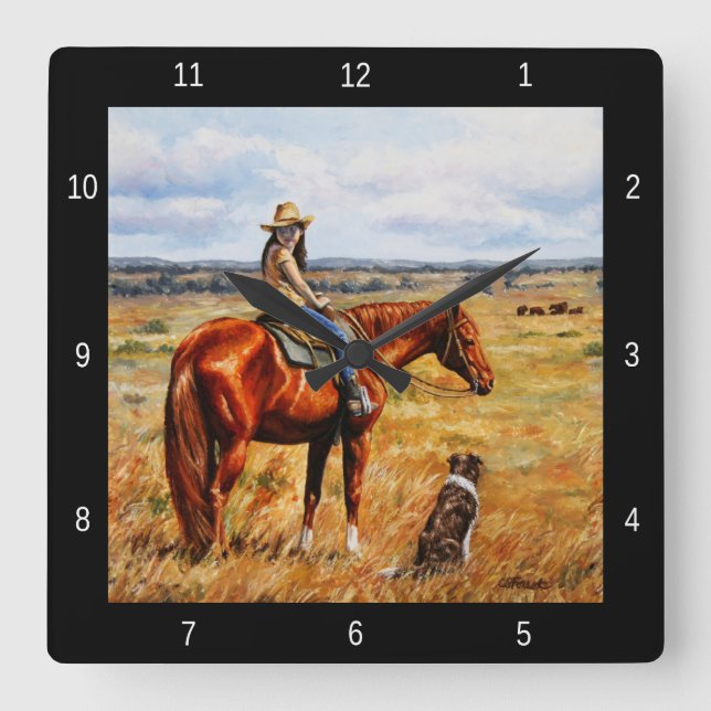 Kleines Cowgirl am Rinderpferd Quadratische Wanduhr (Vorderseite)