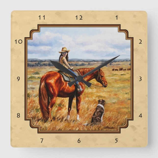 Kleines Cowgirl auf Rinderpferde Gelb Quadratische Wanduhr (Vorderseite)