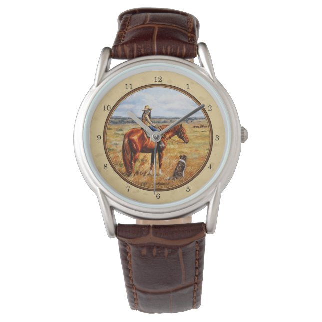 Kleines Cowgirl auf Rinderpferdgelb Armbanduhr (Vorderseite)