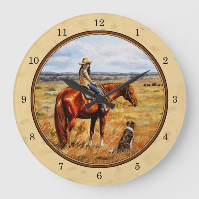 Kleines Cowgirl auf Rinderpferdgelb Große Wanduhr (Vorderseite)