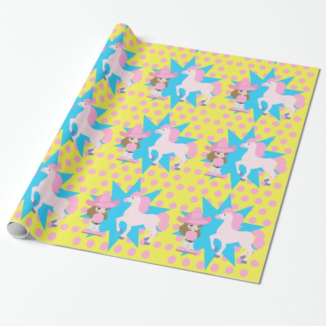 Kleines Cowgirl braunes Haar mit Pferd Jegliche Mi Geschenkpapier (Ungerollt)
