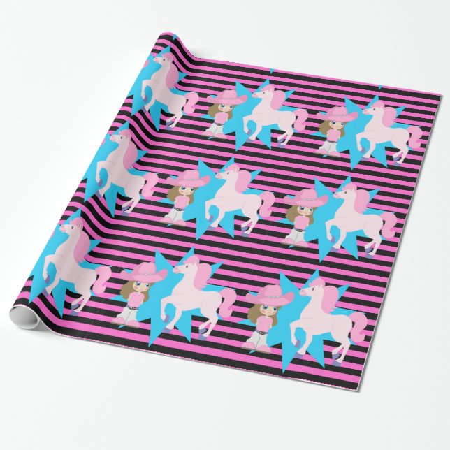 Kleines Cowgirl braunes Haar mit Pferd Jegliche Mi Geschenkpapier (Ungerollt)