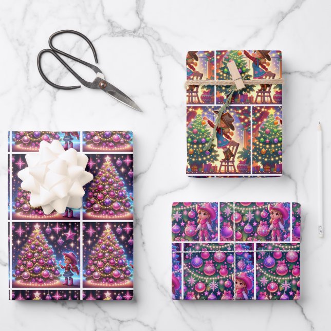 Kleines Cowgirl Dekorieren von Weihnachtsbaumen Geschenkpapier Set (Vorderseite)