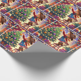 Kleines Cowgirl im Stuhl dekoriert Weihnachtsbaum Geschenkpapier