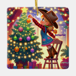 Kleines Cowgirl im Stuhl dekoriert Weihnachtsbaum Keramikornament