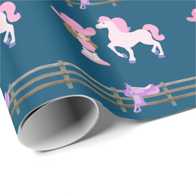 Kleines Cowgirl mit Pferd und Sattel Geschenkpapier (Rolleneckpunkt)