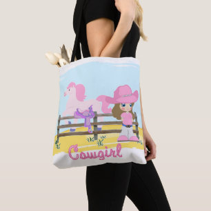Kleines Cowgirl mit Pferd und Satteltasche Tasche