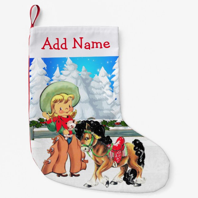Kleines Cowgirl mit Pferdewinterszene Kleiner Weihnachtsstrumpf (Vorderseite)