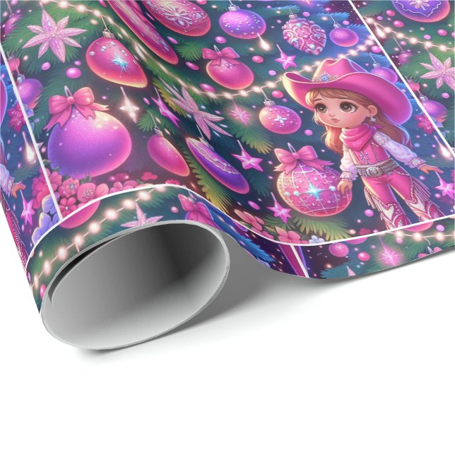 Kleines Cowgirl Stehend vor drei Weihnachten Geschenkpapier (Rolleneckpunkt)