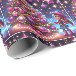 Kleines Cowgirl Stehend vor drei Weihnachten Geschenkpapier