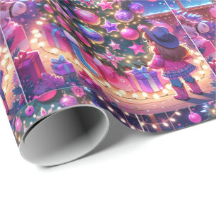 Kleines Cowgirl Stehend vor drei Weihnachten Geschenkpapier