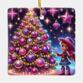 Kleines Cowgirl Stehend vor drei Weihnachten Keramikornament