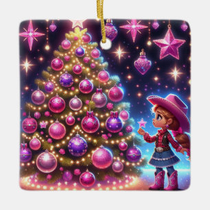 Kleines Cowgirl Stehend vor drei Weihnachten Keramikornament