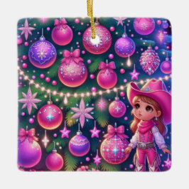 Kleines Cowgirl Stehend vor drei Weihnachten Keramikornament