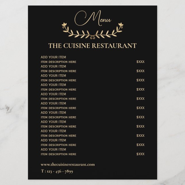 Kleines, einfaches Schwarz-Gold-Restaurant Menükarte (Vorderseite)