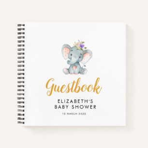 kleines Elefant lila Flora Babydusche Gästebuch Notizbuch