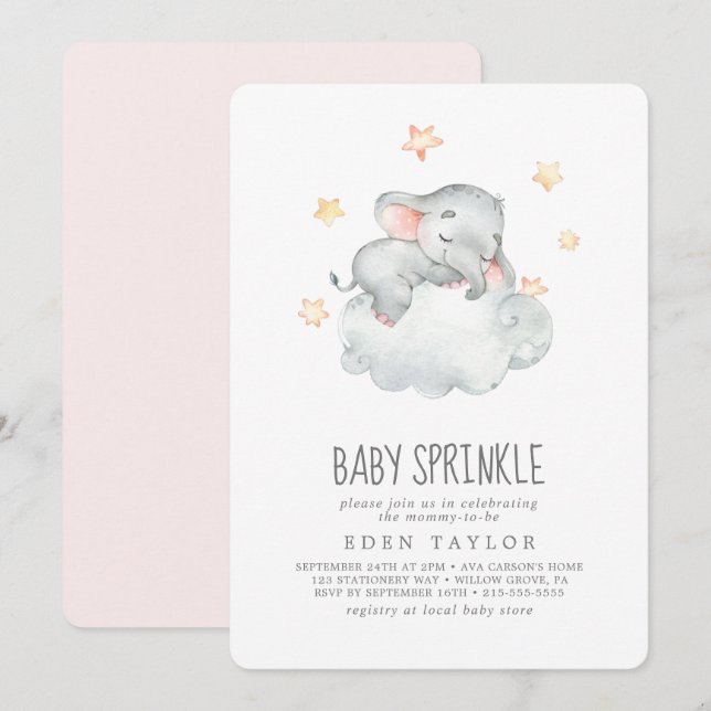 Kleines Elefantenmädchen schlafen Baby Sprinkle Einladung (Vorne/Hinten)