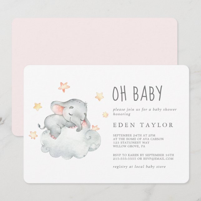 Kleines Elefantenmädchen schlafen Oh Babydusche Einladung (Vorne/Hinten)