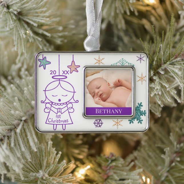 Kleines Engel Baby's erstes Weihnachtsfest-Foto Rahmen-Ornament Silber (Baum)