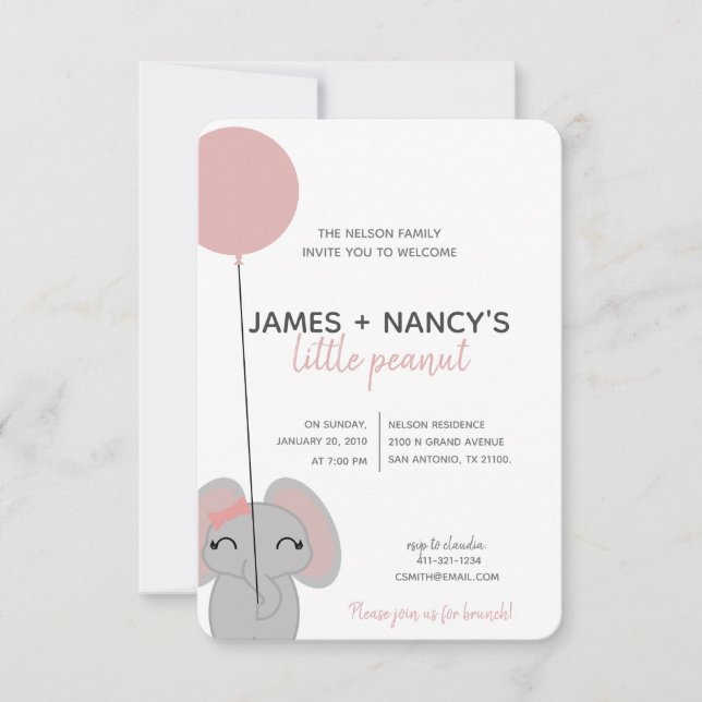 kleines Erdnussmädchen BABY SHOWER Elefant Einladu Einladung (Vorderseite)