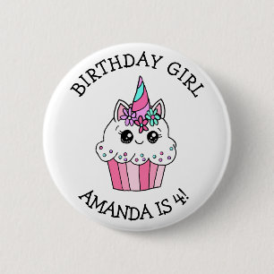 Kleines Girl's Birthday Girl Unicorn Cupcake Button