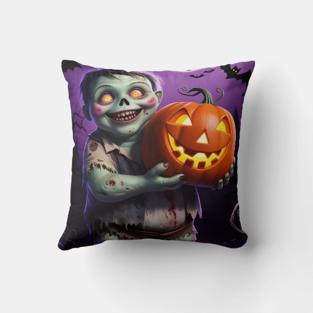 Kleines grünes Monster & Pumpkin Friend Kissen (Rückseite)