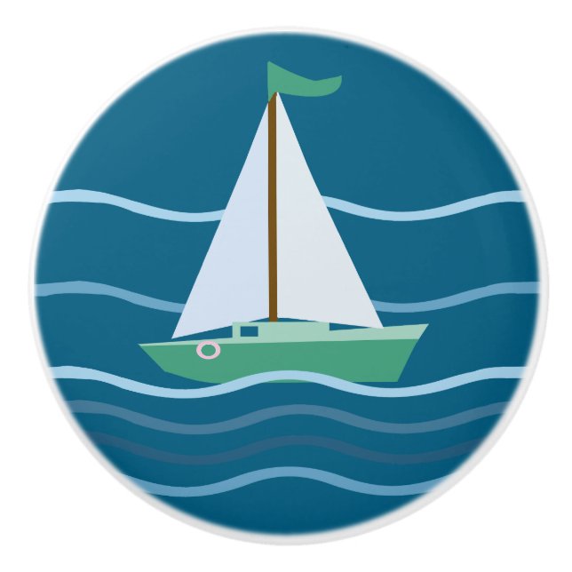 Kleines grünes Segelboot Keramikknauf (Vorderseite)