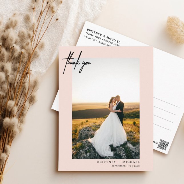 Kleines handgeschriebenes Foto Rosa Rosa Vielen Da Postkarte (Elegant hand lettered thank you wedding postcard with a minimalistic design perfect for any couple.)